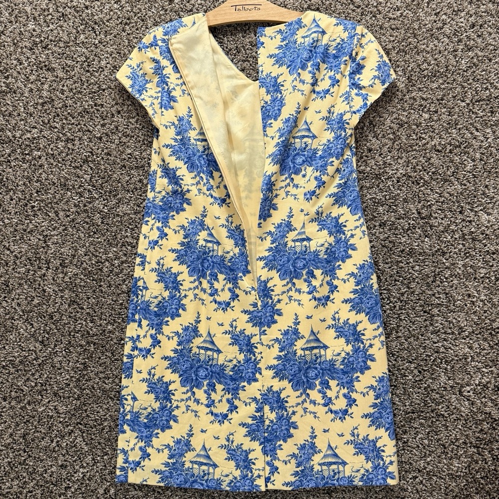Talbots Petites Size 2 Yellow Blue Toile‎ Print Shift Dress Cotton V-Neck Floral - Picture 9 of 12